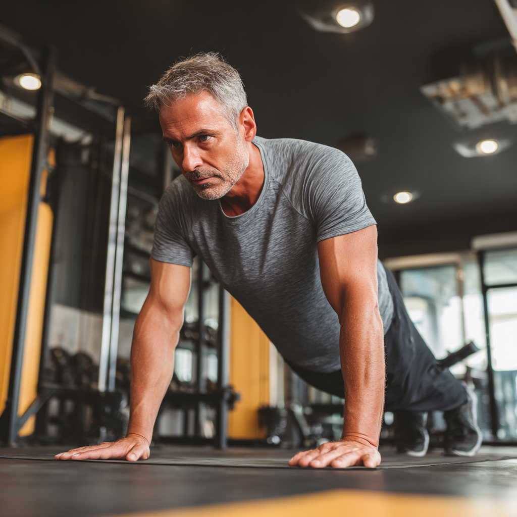 Middle-aged adult practicing fitness exercises in modern gym environment